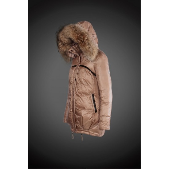 Dam Moncler Dunjacka Länge with raccoon Jacka Krage light tan