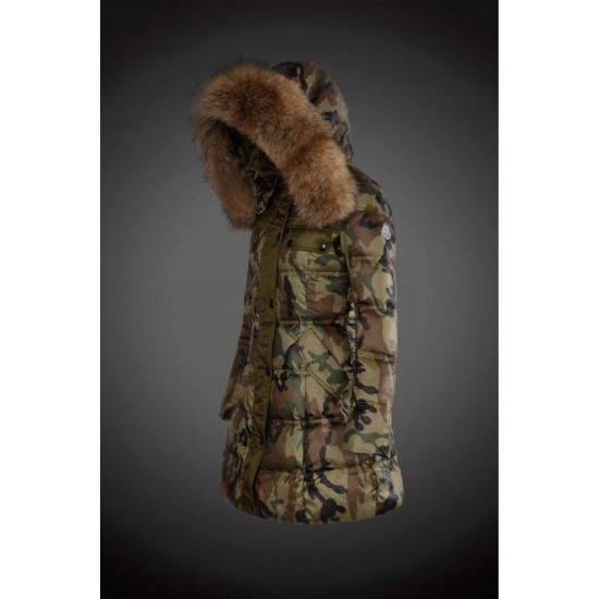 Dam Moncler Dunjacka Länge with raccoon Jacka Krage camouflage