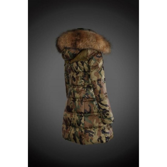 Dam Moncler Dunjacka Länge with raccoon Jacka Krage camouflage