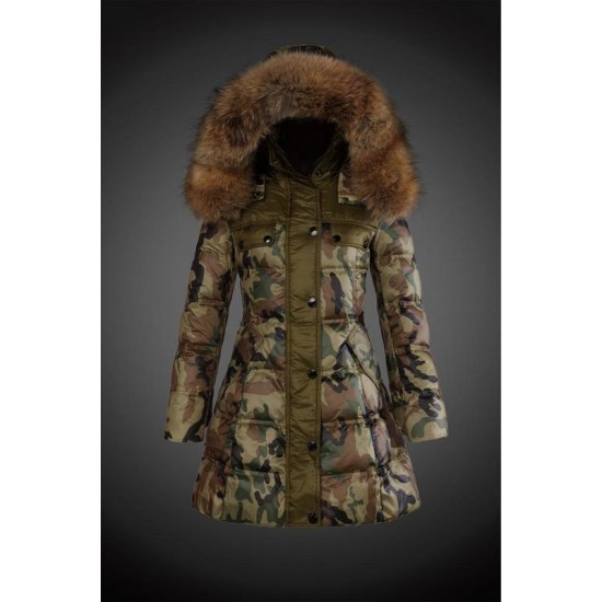 Dam Moncler Dunjacka Länge with raccoon Jacka Krage camouflage