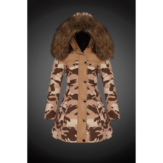 Dam Moncler Dunjacka Länge with raccoon Jacka Krage light tan