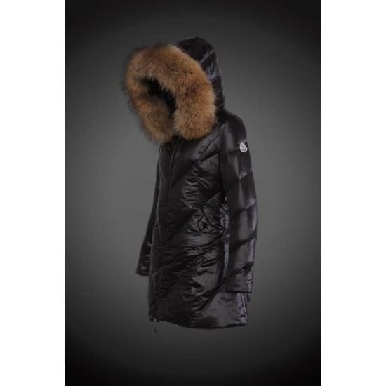 Dam Moncler Dunjacka Länge with raccoon Jacka Krage Svart