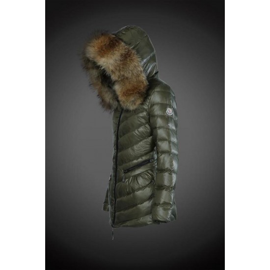 Dam Moncler Dunjacka Länge with raccoon Jacka Krage army Grön