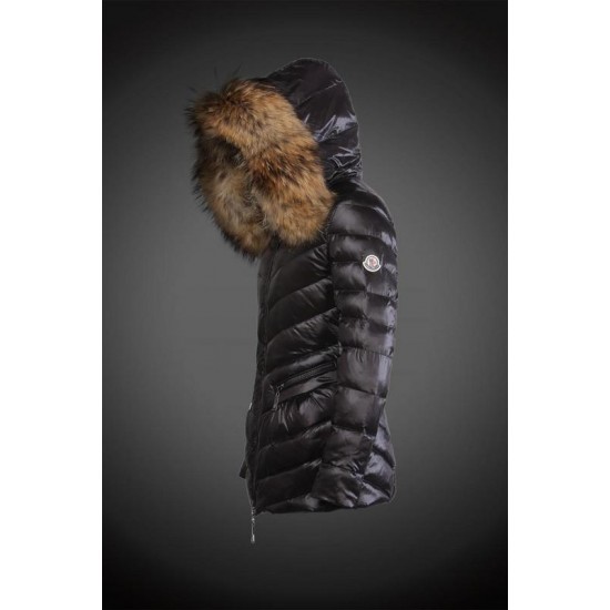 Dam Moncler Dunjacka Länge with raccoon Jacka Krage Svart