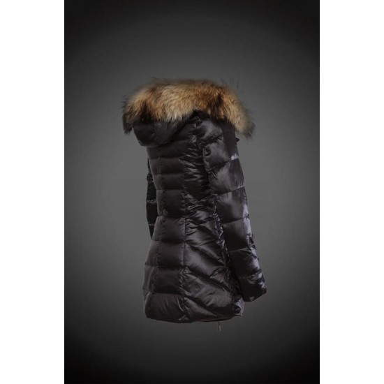 Dam Moncler Dunjacka Länge with raccoon Jacka Krage Svart