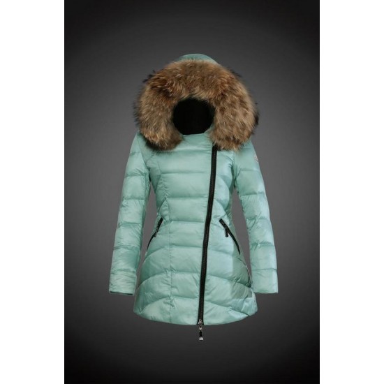 Dam Moncler Dunjacka Länge with raccoon Jacka Krage mint Grön