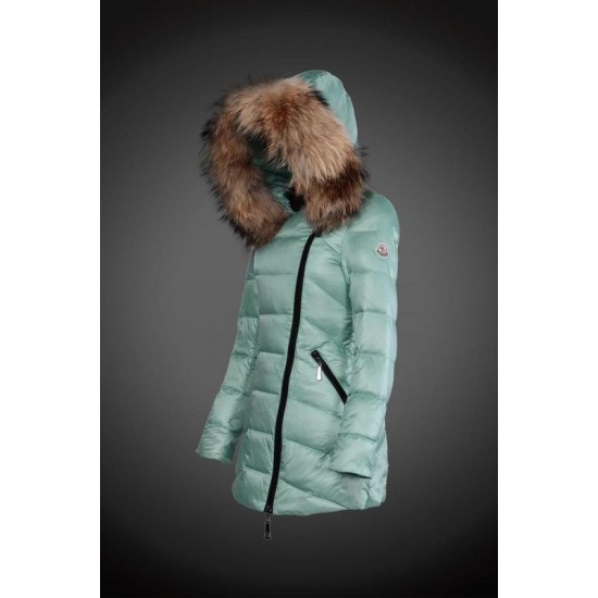 Dam Moncler Dunjacka Länge with raccoon Jacka Krage mint Grön