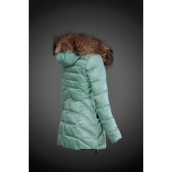 Dam Moncler Dunjacka Länge with raccoon Jacka Krage mint Grön