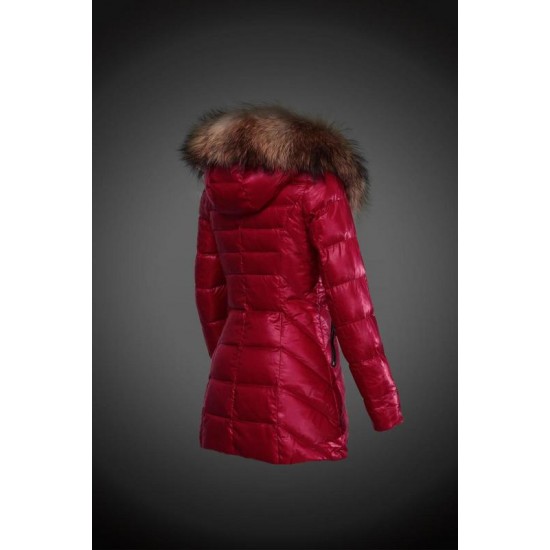 Dam Moncler Dunjacka Länge with raccoon Jacka Krage Röd