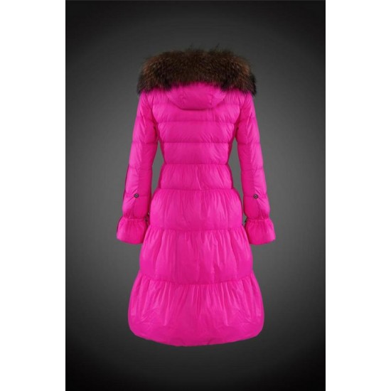 Dam Moncler Dunjacka Länge with raccoon Jacka Krage rose Röd