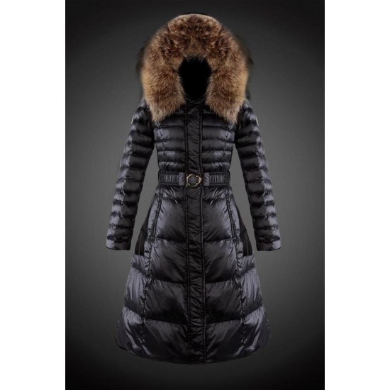 Dam Moncler Dunjacka Länge with raccoon Jacka Krage Svart