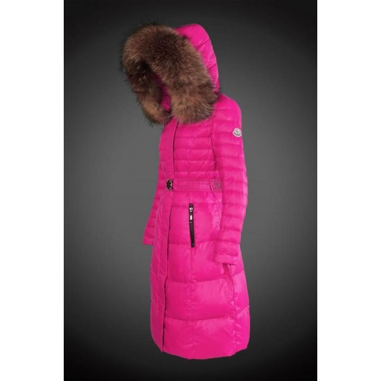 Dam Moncler Dunjacka Länge with raccoon Jacka Krage rose Röd