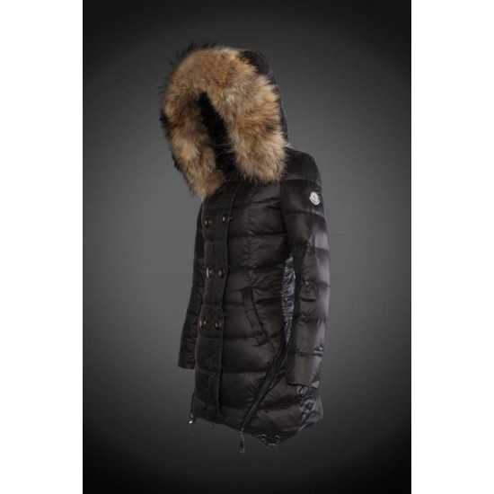 Dam Moncler Dunjacka Länge with raccoon Jacka Krage Svart