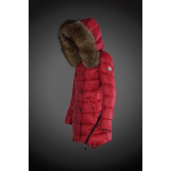 Dam Moncler Dunjacka Länge with raccoon Jacka Krage Röd