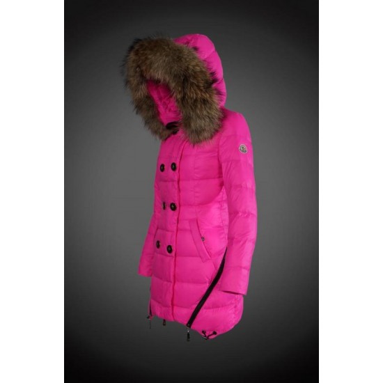 Dam Moncler Dunjacka Länge with raccoon Jacka Krage rose Röd