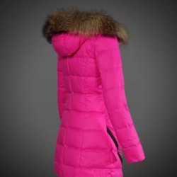 Dam Moncler Dunjacka Länge with raccoon Jacka Krage rose Röd