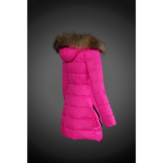 Dam Moncler Dunjacka Länge with raccoon Jacka Krage rose Röd